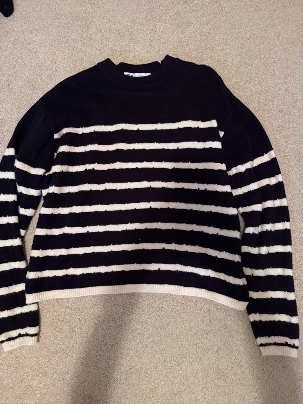 Zara Black and Cream Striped Crewneck Sweater